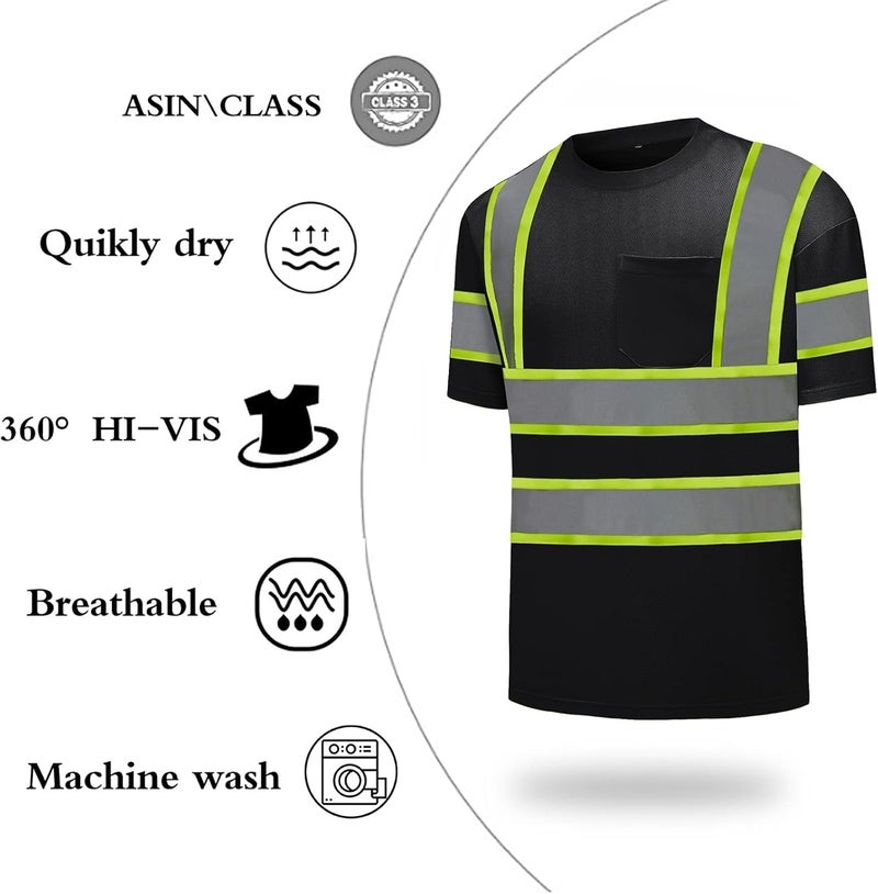 DPSAFETY High Visibility Shirts Quick Dry Safety T Shirts with Reflective Strips and Pocket Short Sleeve Mesh Hi Vis Construction Work Class 2 Shirt for Men/Women Black,Small - Image 3